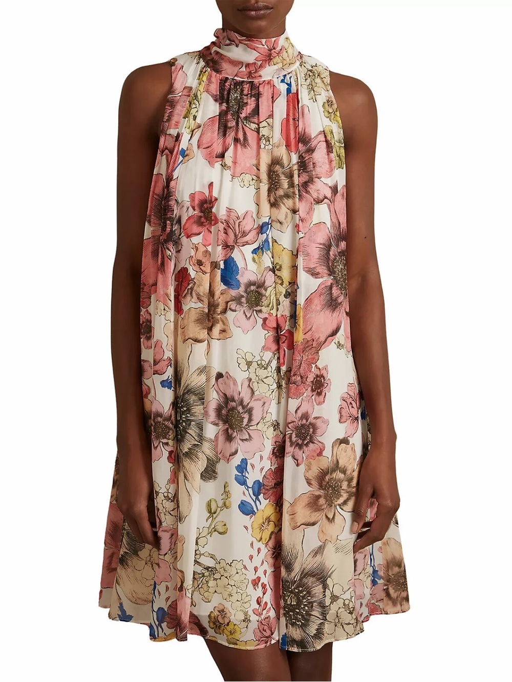 NWOT REISS Kady Floral Pleated Tie Neck Mini Dress Cream Pink Size 8